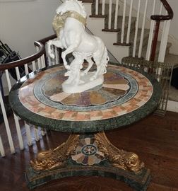 MARBLE PIETRA DURA HAND CARVED DOLPHIN FOOT TABLE