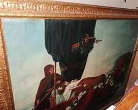 VERY LARGE 19C OIL ON CANVAS VIKING BURIAL IN ORIGINAL FRAME
