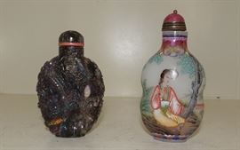 BLACK OPAL SNUFF BOTTLE/HAND PAINTED ENAMEL SNUFF BOTTLE