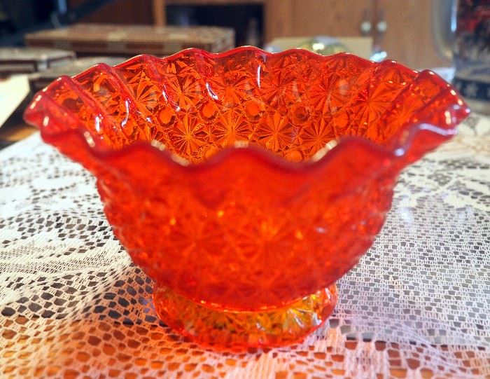 Amberina Depression Glass, Qty 5 Includes 8" Double Crimped Basket, Believed Fenton, Double Crimped Footed Compote, 9.5"T Bud Vase, 14.25" Swung Vase, Believed Fenton, More