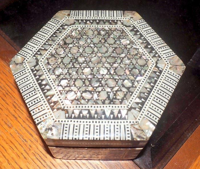 Egyptian Accents Mother of Pearl Inlaid Jewelry Box, Hand Crafted From Beechwood, 1.75"T x 3.75"W x 2.5"D and Mother of Pearl Inlaid Wood Hexagon Jewelry Box