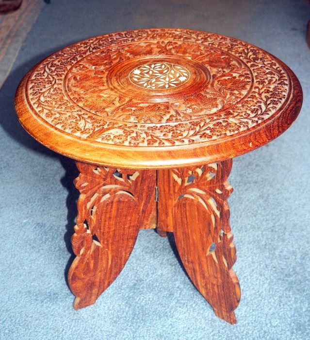 Hand Carved Ornate Side Table, Inlaid, Floral Motif With Detachable Hinged Tripod Style Base, Made in India 15"T x 15"Dia, Unique, Impressive Piece