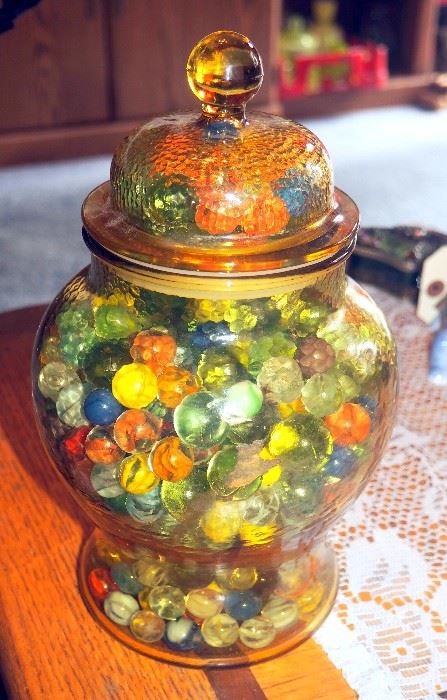 Glass Marble Collection in Amber Depression Glass Cookie/Biscuit Jar, Marbles Believed Antique