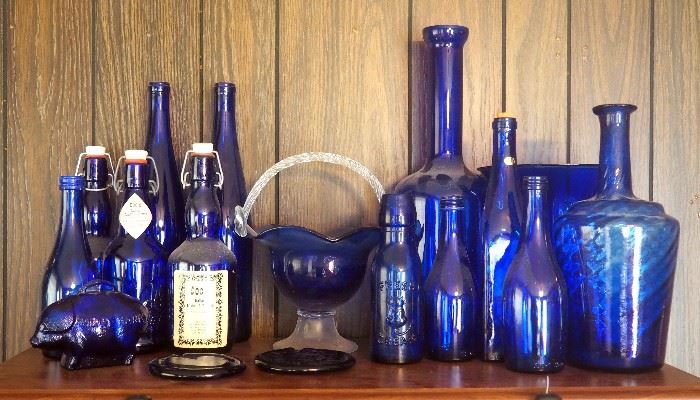 Blue Glass Collection, Qty 17, Includes 9" Basket, Crownford 9oz Fresh Cream Bottle, Blown Glass Twist Style Vase, Docs Tonics Bottles,Ty Nant Bottle, More