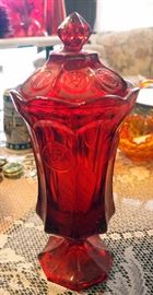 Fostoria 13" Footed Urn in Ruby "Coin Glass" Circa 1969-1981 With 6" Ruby "Coin Glass" Candy Dishes, Qty 2