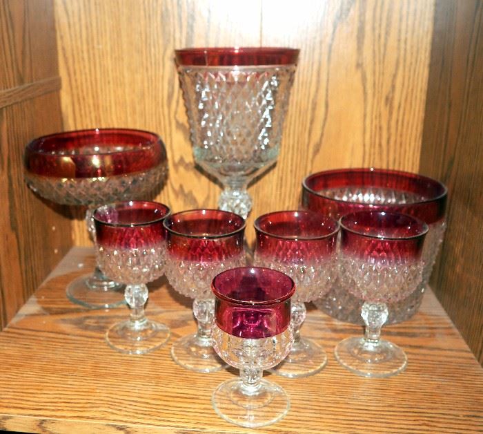 Indiana Glass Ruby Red Flash Rim Glassware, Thumbprint Pattern, Qty 1, And Diamond Cut, Qty 7 Includes Footed Compote, 5.25" Cordials, 5.5" Ice Bucket, Total Qty 8