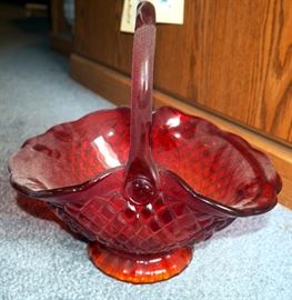 Amberina 10.5" Pressed Glass Basket, Believed Fenton Artist Frank Workman, 1996-2011