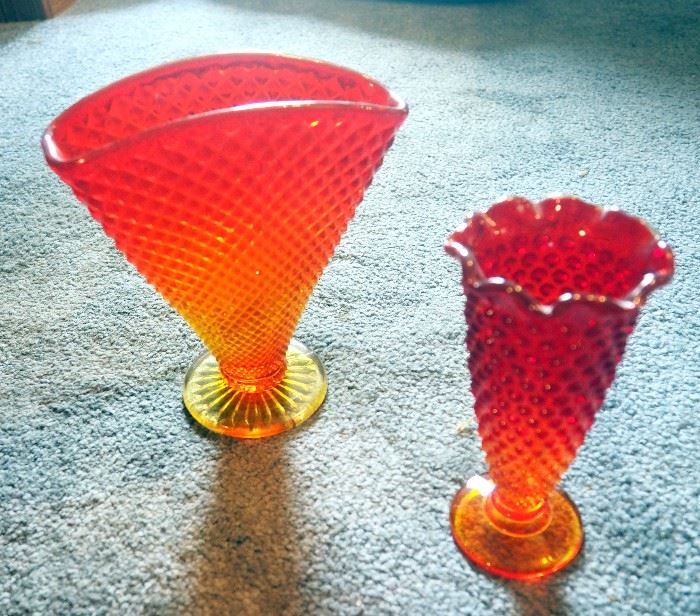 Amberina 12.5" Swung Style Vase, 7.5" Fan Style Diamond Cut Vase, 8" Fan Vase With Crimped Top, 6.25" Hobnail Vase, 6" Crimped Bowl, Blown Glass Apple, 10.5" Serving Platter, Tea Cups, Qty 6 And Footed Bowl, Total Qty 14