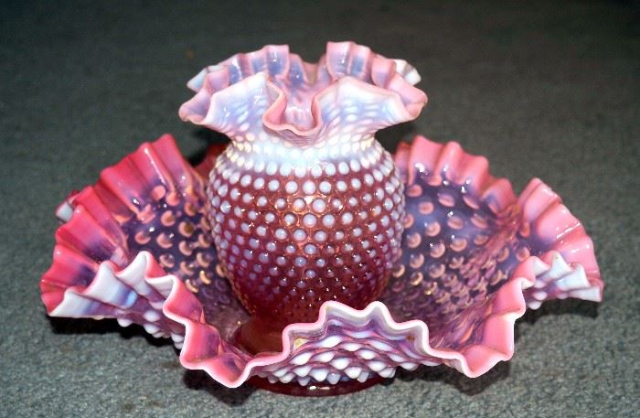Pink Hobnail Opalescent Double Crimped 11" Bowl With Matching 6" Vase