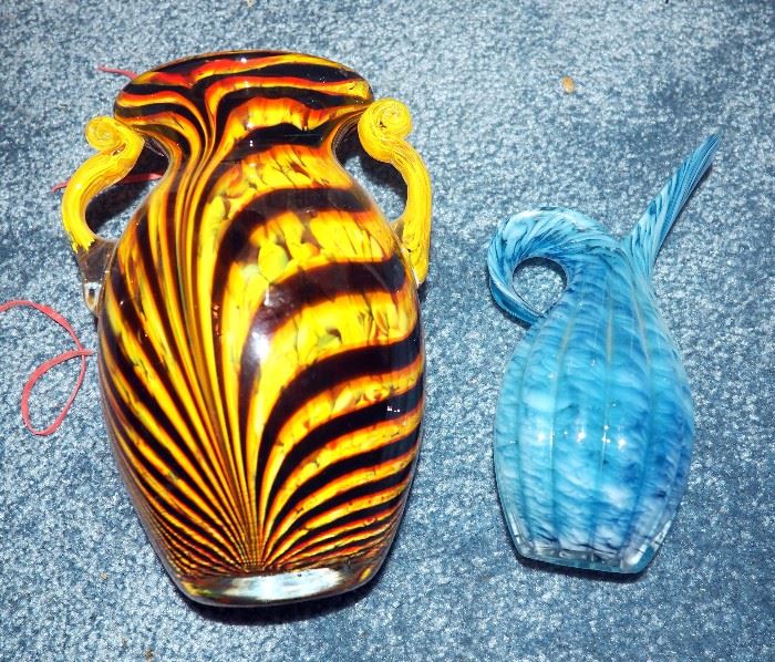 Blown Glass Vase And Pitcher Collection, Qty 7, Includes 18" Royal Halger Ewer, 14.5" Pier1 Vase, 10" Footed Urn, 7.25" Double Handled Striped Urn, 10" Pier1 Vase And Pitchers, Qty 2