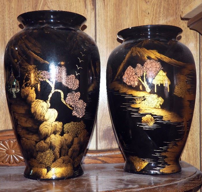 Oriental Style Vases, Qty 2, 12.5" And 11.5", Hand Painted