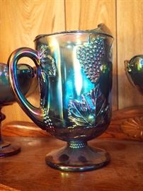 Indiana Glass Co Carnival Glass Pitcher, 10"T, Grape Pattern With Pair of Carnival Glass 7.5" Footed Compotes, Garland Pattern