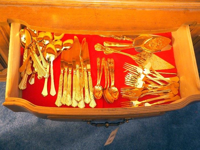 Rogers Stainless Gold Tone Flatware, Total Qty 58, Includes Bicentennial Pie Server, Presidential Spoons, Qty 6, 2 Each Washington, Adams, Jefferson