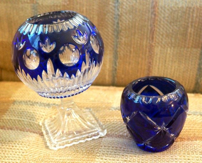 Bohemian Crystal Style Cobalt, Cut To Clear 7" Footed Compote And 3.5" Votive