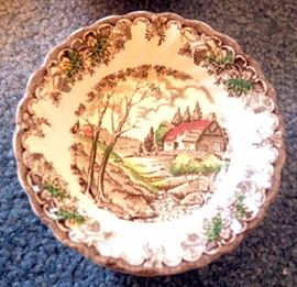 Myott Staffordshire Ware Pattern "The Brook" Brown/Multicolor, 10" Dinner Plates Qty 8, 6.25" Bread Plates Qty 5, 5.75" Saucer Qty 8, Tea Cups Qty 10,5" Berry Bowls Qty 5 And 6.5" Bowls Qty 3, Total Qty 39