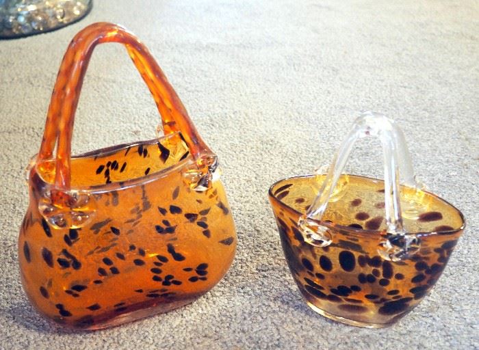 Heritage Artist Hand Blown Glass Purses Qty 2, 9.5" Leopard And 7.5 Leopard