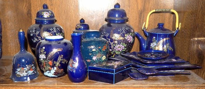Japanese Cobalt Collection Qty 13 Includes 6" Pheasant Tea Pot, Floral And Peacock Fan Plate, 8.5" Peacock Ginger Jar, Trinket Box, Bud Vase, Bell And More