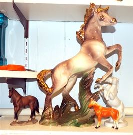 Ceramic 13.5" Horse Statue With Gold Mane And Tail, Some Crazing, 6" Porcelain Horses Qty 2, Bone China 3.5" Horse And More, Total Qty 5