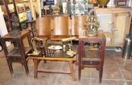 Antique 3-Seat Wooden Theater Chair Row (Ca 1900); Antique Hand Carved Lacquered Wooden Coffee Table- Made in India- Mid to Late 19th Century; Pair of (2) Art Deco Brass Student/Desk Lamps (Ca 1920s);  Pair of (2) Mid 19th Century Hand Carved Chinese Elm Wood Stands/End Tables--- Top of Left Stand: 19th Century Japanese Bronze Okimono of Gama Sennin ~~ Top of Right Stand: Large Bronze Statue of the Hindu God Ganesh w/ Consort on Double Lotus Pedestal (Ca Late 19th to Early 20th Century);  (Right Corner Floor) 1950 Soda-Acid Fire Extinguisher;  100% Authentic & Original Pre-Electricity Three (3) Polished Steel-Latch Door Ice Box Freezer/Fridge