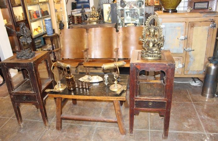 Antique 3-Seat Wooden Theater Chair Row (Ca 1900); Antique Hand Carved Lacquered Wooden Coffee Table- Made in India- Mid to Late 19th Century; Pair of (2) Art Deco Brass Student/Desk Lamps (Ca 1920s);  Pair of (2) Mid 19th Century Hand Carved Chinese Elm Wood Stands/End Tables--- Top of Left Stand: 19th Century Japanese Bronze Okimono of Gama Sennin ~~ Top of Right Stand: Large Bronze Statue of the Hindu God Ganesh w/ Consort on Double Lotus Pedestal (Ca Late 19th to Early 20th Century);  (Right Corner Floor) 1950 Soda-Acid Fire Extinguisher;  100% Authentic & Original Pre-Electricity Three (3) Polished Steel-Latch Door Ice Box Freezer/Fridge