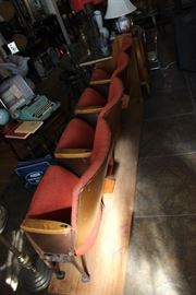 Vintage Mid-Century Four (4) Chair Theater Auditorium Seat Row Wooden w/ Plush Red Fabric Seat Covers and Backs