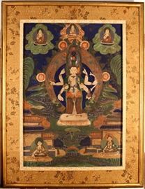 Antique 19th Century Tibetan Thangka Avalokitesvara Buddha Boddhisatva Maitreya Lotus Pedestal Silk Paint Gold Matted Cloth Frame