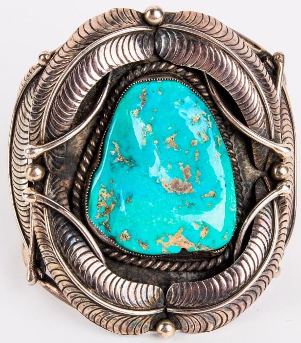 Lot 5 - Jewelry Large Sterling Silver Turquoise Bracelet