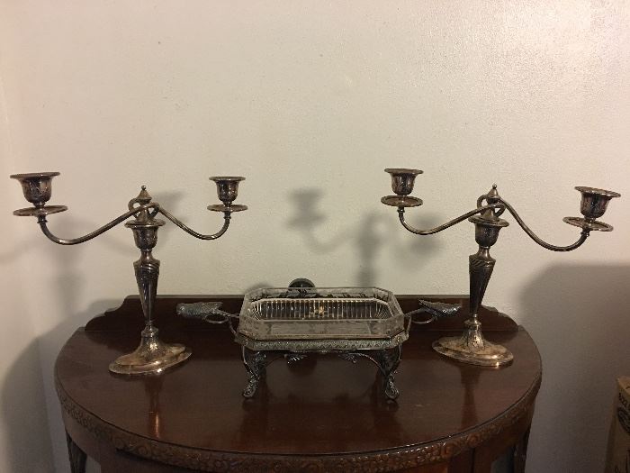 Silver Candelabra's & Etched Bird Sweet Meat Dish!!
