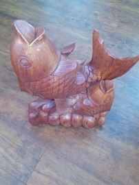 Chinese hand carved wooden twin fish