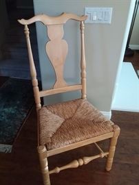 Oval solid Pine dining table French country style complete with 6 solid Pine fiddleback style chairs with Rush bottom seats and two extension boards. Can sit up to 10 people comfortably