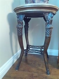 Wood carved and embossed leather covered Round Top accent table gorgeous