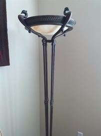 Two matching Torchier Floor Lamps by Fine Arts "Penzance" Bronze Finish Iron with Pen Shell Shades