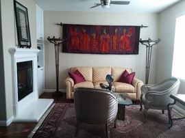 Hand Woven wall Tapestry from Poland. Fine Arts "Penzance"Matching bronze Torchier Floor Lamps. Set of Casa Stradivari Upholstered Chairs