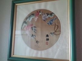 To Chinese embroidered Bird Paintings matted and framed