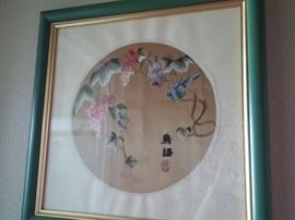 To Chinese embroidered Bird Paintings matted and framed