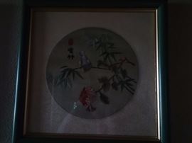 To Chinese embroidered Bird Paintings matted and framed