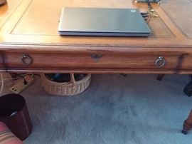 Drexel Heritage Desk/ Accent Chwrry Wood Table tooled saddle colored leather inlaid top with one drawer