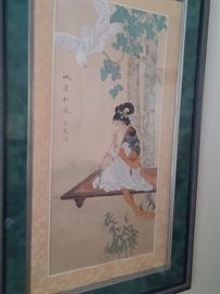 Three hand painted on a silk musical maidens in matching frames