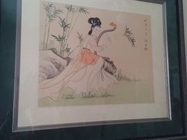 Three hand painted on silk musical meetings in matching frames art