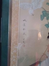 Three hand painted on silk musical maidens in matching frames Hong Kong China