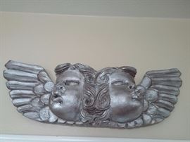 Carved wooden twin angels from church painted in pewter 