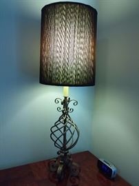 Two matching vintage lamps wrought iron and gold leaf finish with hand strong silk shades