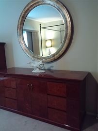 Excelsior " Firenze" Rosewood, laquer finish Bedroom Furniture Made in Italy. LaBarge large round mirror. Beveled glass, gold with black veining 54" Diameter