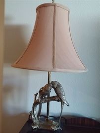 Brass lamp Parrots on tree branch with silk shade.