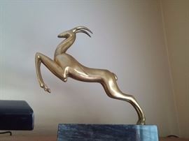 Vintage brass leaping Antelope figurine on marble pedestal