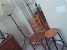 Wicker/ Wood Chair and metal/ wood stool