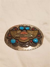 Harley Davidson silver, coral and turquoise belt buckle