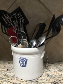 #2 gallon crock & kitchen utensils 