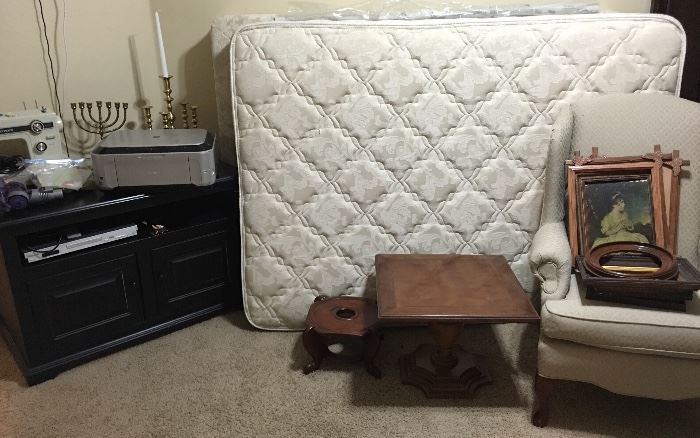 Full Mattress & Box Spring CHEAP!  Nice printer & TV Cabinet Stand, Tables, Plant Stands, Artwork, Accent Chair