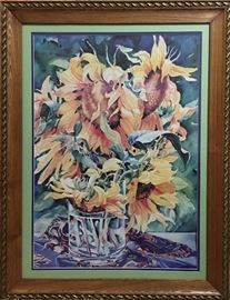 Large Framed 34x26 Tracy Reid Sunflower Watercolor 